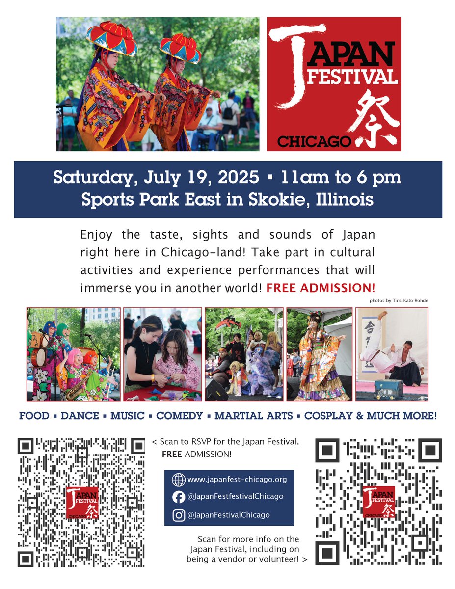 2025 Japan Fest Chicago 7/19/2025 
Sports Park East Skokie, IL
11am to 6pm Free Admission
#japaneseamerican, #japaneseculture, #jacl, #jasc