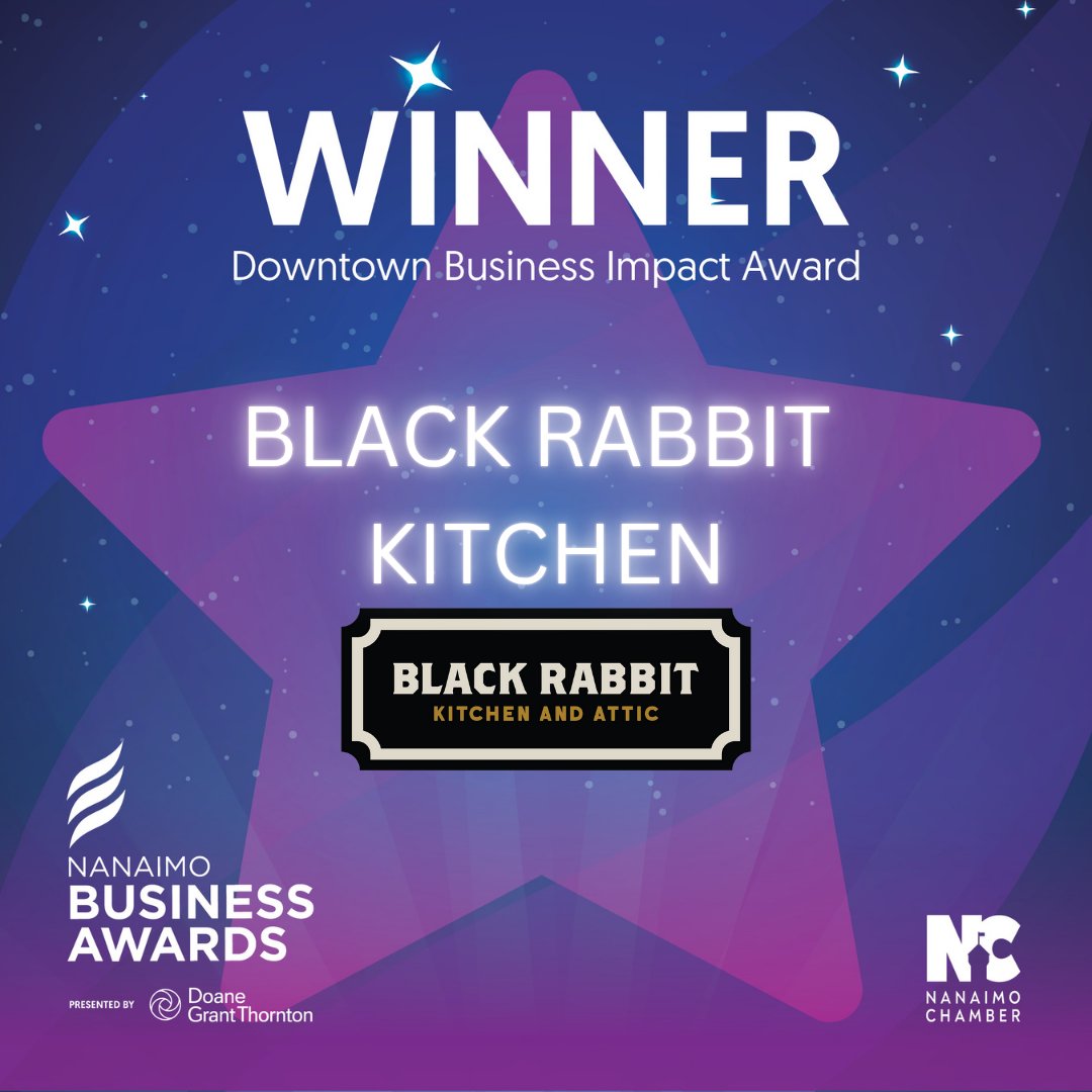 Downtown Business Impact Award 2025
Cheers to Black Rabbit Kitchen for making downtown Nanaimo even more vibrant! From unique flavours to unforgettable ambiance, your impact is undeniable.
Downtown is better because of you!
 #BlackRabbitKitchen #NanaimoBusinessAwards