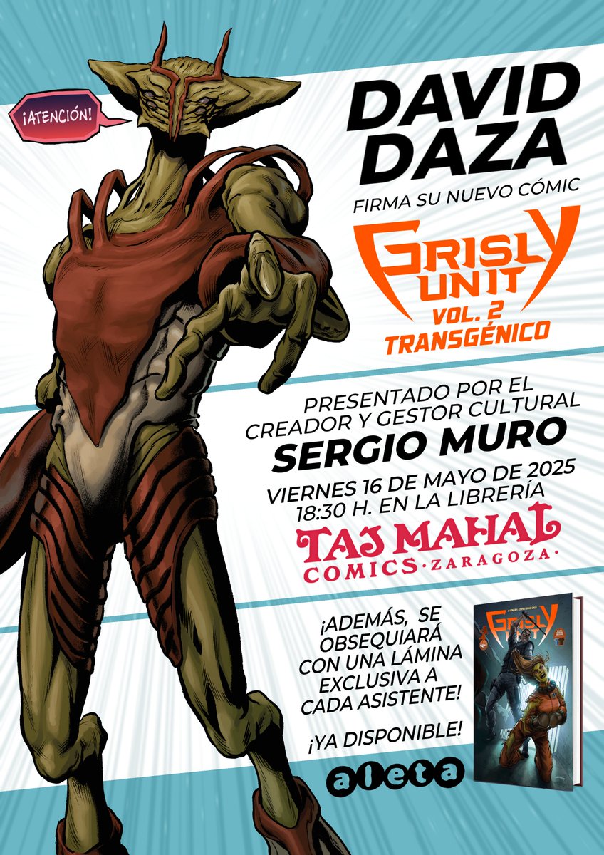 Estáis invitados a la presentación del volumen 2 de GRISLY UNIT, con su autor David Daza y Sergio Muro como maestro de ceremonias.

Mañana desde las 18:30h. 

Y si no puedes venir, puedes hacerte con tu ejemplar dedicado a través del siguiente enlace:

tajmahalcomics.com/etiqueta-produ…