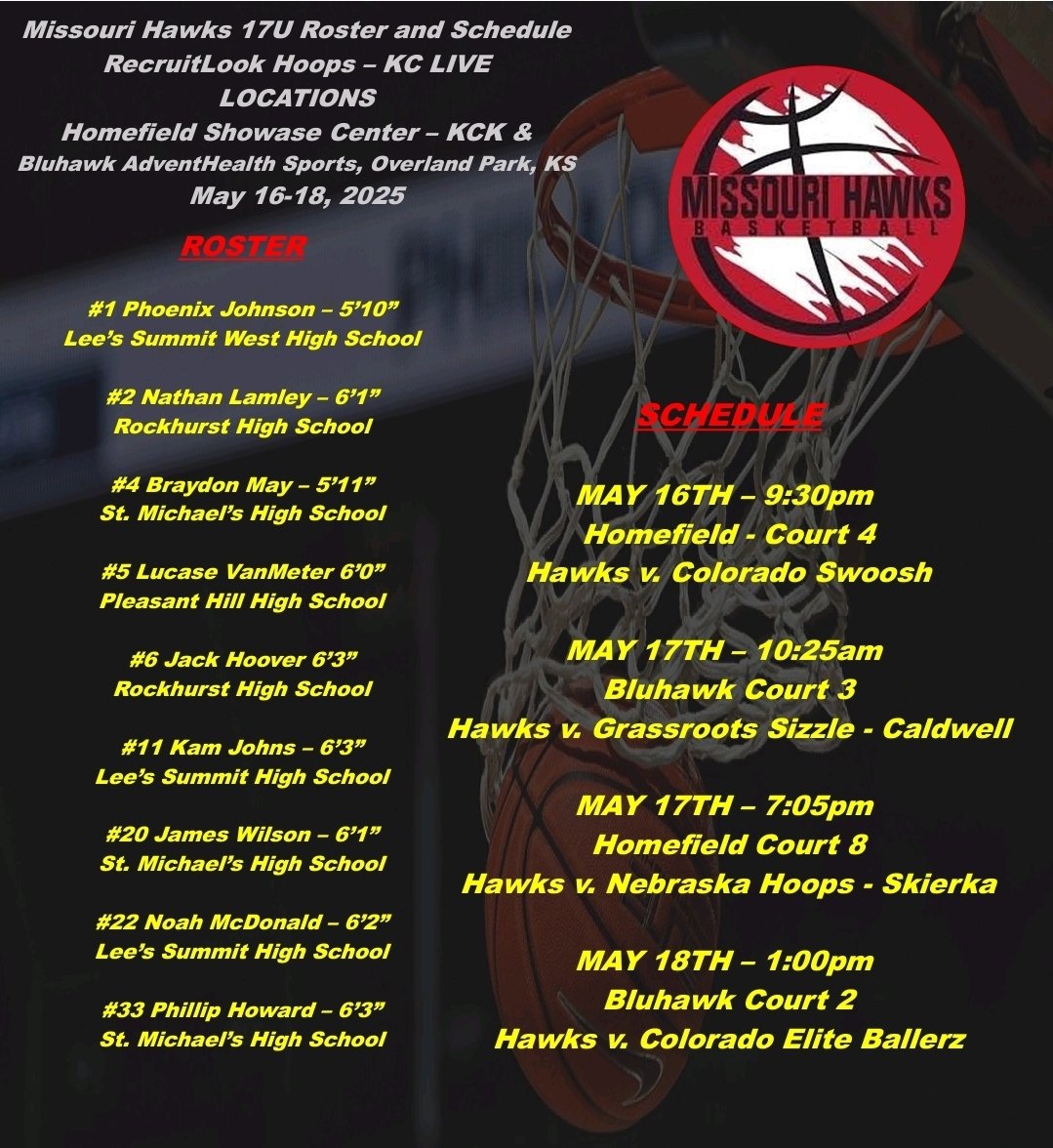 Missouri Hawks (@mohawkcoachmike) on Twitter photo Roster and UPDATED schedule for 17U this weekend at KC Live by <a href="/RL_Hoops/">RecruitLook Hoops</a>. <a href="/philliphoward33/">Phillip Howard</a> <a href="/Noah_Mcdonald32/">Noah McDonald</a> <a href="/JamesgWilson20/">James Wilson</a> <a href="/KamJohns1111/">Kameron Johns1111</a> <a href="/jackhoov/">Jack</a> <a href="/LucasVanMeter/">Lucas VanMeter 4.5⭐️</a> <a href="/BraydonMay16/">Braydon May</a> <a href="/LamleyNathan/">Nathan Lamley</a> <a href="/PhoenixTJohnson/">Phoenix Johnson</a> Roster and UPDATED schedule for 17U this weekend at KC Live by <a href="/RL_Hoops/">RecruitLook Hoops</a>. <a href="/philliphoward33/">Phillip Howard</a> <a href="/Noah_Mcdonald32/">Noah McDonald</a> <a href="/JamesgWilson20/">James Wilson</a> <a href="/KamJohns1111/">Kameron Johns1111</a> <a href="/jackhoov/">Jack</a> <a href="/LucasVanMeter/">Lucas VanMeter 4.5⭐️</a> <a href="/BraydonMay16/">Braydon May</a> <a href="/LamleyNathan/">Nathan Lamley</a> <a href="/PhoenixTJohnson/">Phoenix Johnson</a>