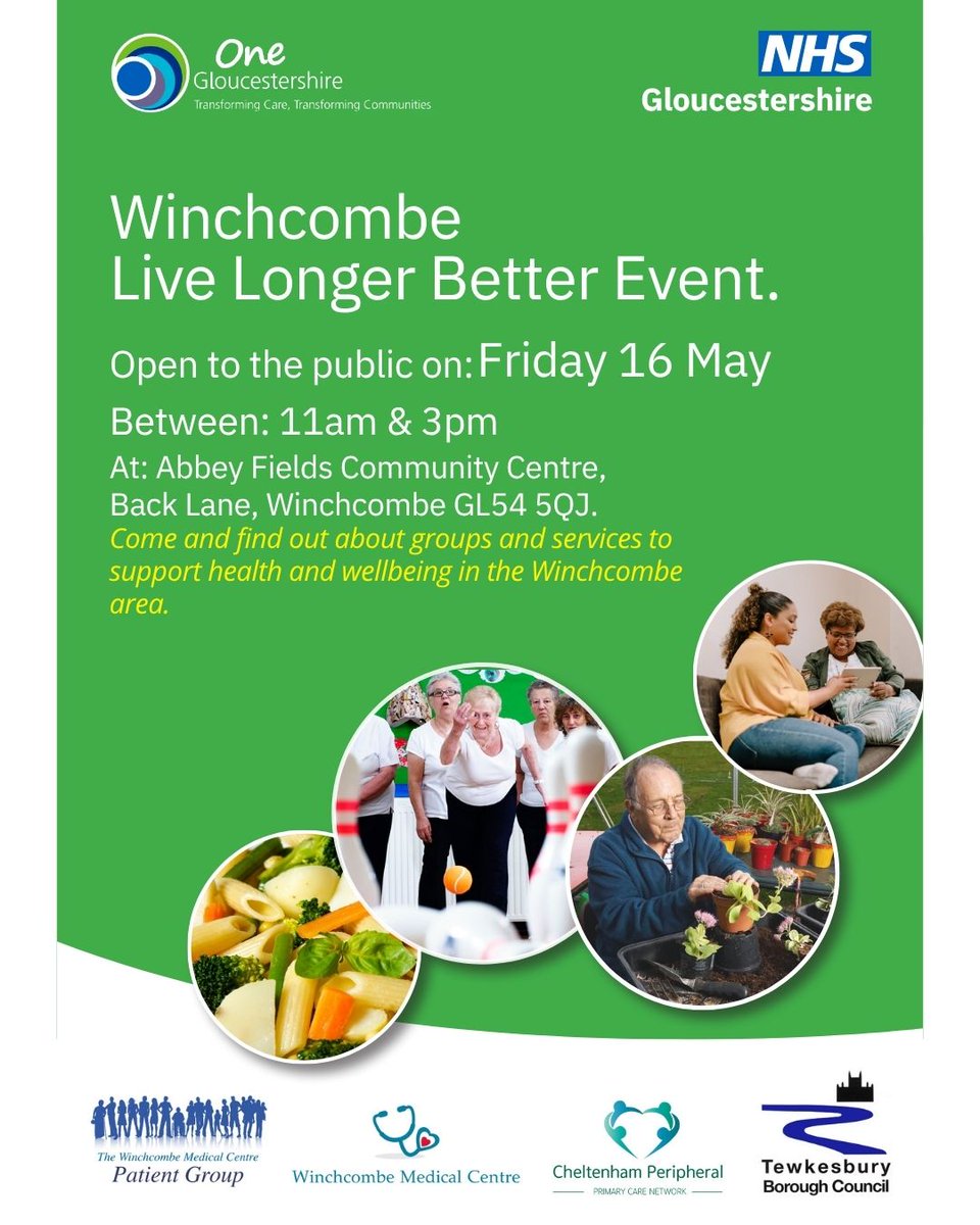 A health and wellbeing event ‘Live longer better’ is being held tomorrow Friday, 16 May 11am to 3pm at the Abbey Fields Community Centre, Winchcombe.
 
Find out about groups and services to support health and wellbeing to those in Winchcombe and the surrounding areas. 🚶🍏 ‍
