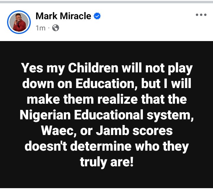 pstmarkmiracle's tweet photo. Yes my Children will not play down on Education, but I will make them realize that the Nigerian Educational system, Waec, or JAMB scores doesn't determine who they truly are! https://t.co/ZoFghnhHKY