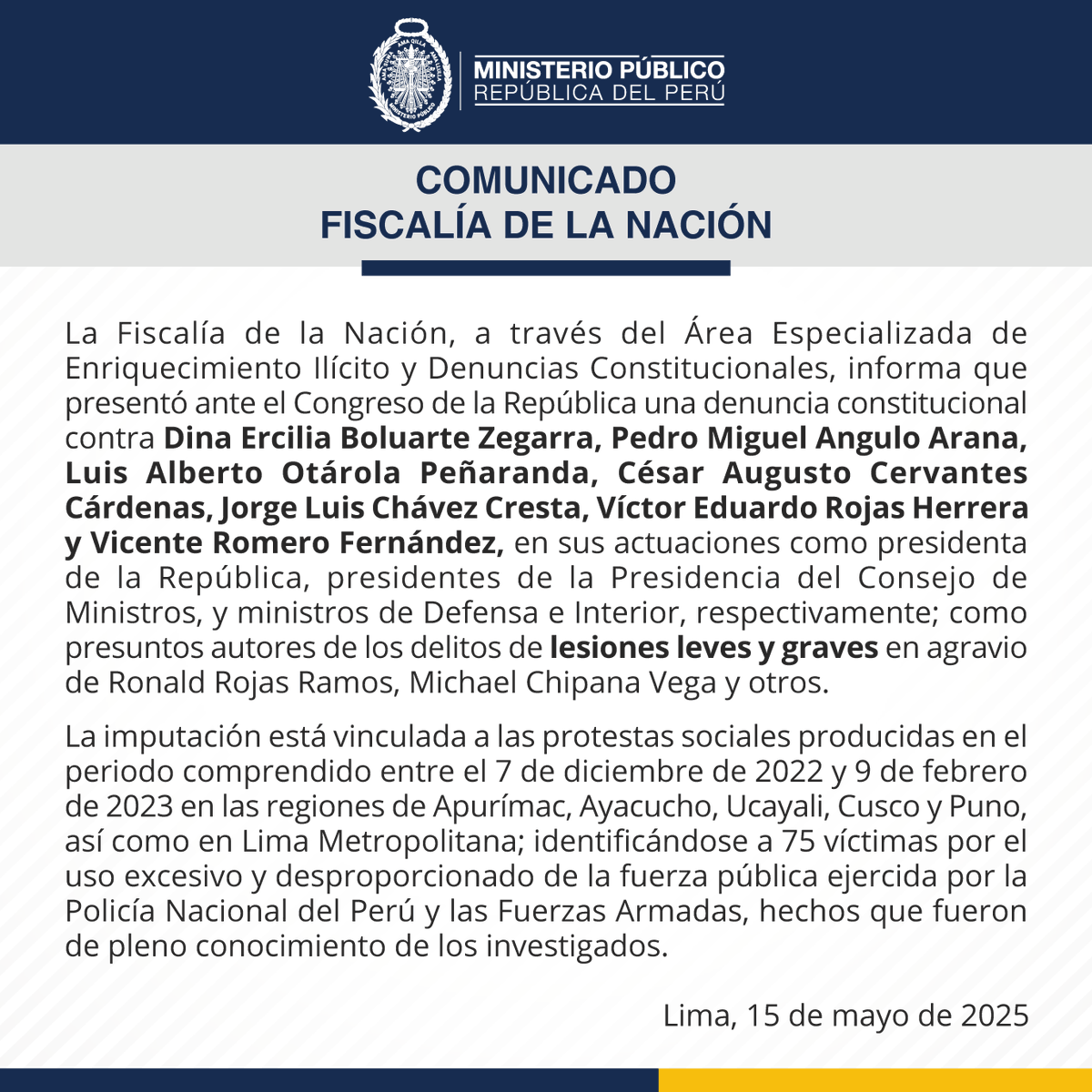 Ministerio Público (@fiscaliaperu) on Twitter photo 🚨#Comunicado | Fiscalía de la Nación, a través del Área de Enriquecimiento Ilícito y Denuncias Constitucionales, presentó denuncia constitucional ante el <a href="/congresoperu/">Congreso del Perú 🇵🇪</a> contra Dina Ercilia Boluarte Zegarra, Pedro Miguel Angulo Arana, Luis Alberto Otárola Peñaranda, César Augusto 🚨#Comunicado | Fiscalía de la Nación, a través del Área de Enriquecimiento Ilícito y Denuncias Constitucionales, presentó denuncia constitucional ante el <a href="/congresoperu/">Congreso del Perú 🇵🇪</a> contra Dina Ercilia Boluarte Zegarra, Pedro Miguel Angulo Arana, Luis Alberto Otárola Peñaranda, César Augusto