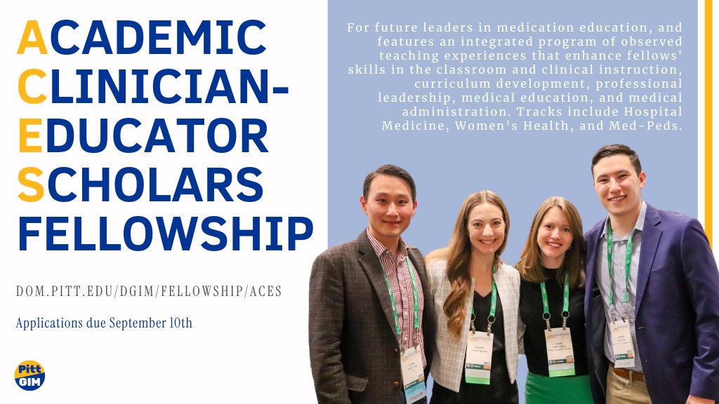 Pitt General Internal Medicine (@pittgim) on Twitter photo Past and current fellows, including <a href="/LaurNavitskyMD/">Lauren Grunenwald Navitsky, MD, MS</a>, <a href="/ShanaInMedicine/">Shana Zucker, MD, MPH, MS</a>, <a href="/doctor_yp/">Ashley Youngs</a> , & <a href="/MemariMD/">Milad Memari, MD, MS, MSEd.</a>, from the #PittACESfellowship are at #SGIM25! Attend their posters and presentations to learn more about our fellowship for future leaders in #MedEd.
dom.pitt.edu/dgim/fellowshi… Past and current fellows, including <a href="/LaurNavitskyMD/">Lauren Grunenwald Navitsky, MD, MS</a>, <a href="/ShanaInMedicine/">Shana Zucker, MD, MPH, MS</a>, <a href="/doctor_yp/">Ashley Youngs</a> , & <a href="/MemariMD/">Milad Memari, MD, MS, MSEd.</a>, from the #PittACESfellowship are at #SGIM25! Attend their posters and presentations to learn more about our fellowship for future leaders in #MedEd.
dom.pitt.edu/dgim/fellowshi…
