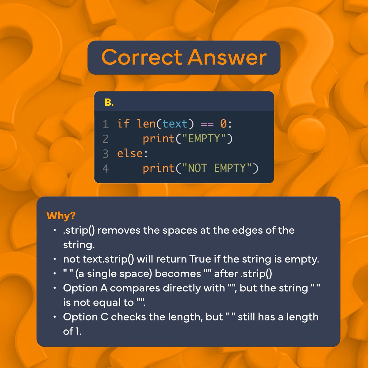 CodefinityCom's tweet image. 🤔 Which code correctly checks if a string is truly empty — not just visually, but technically?

A little whitespace can be deceiving in Python.
Can you spot the real answer before looking?