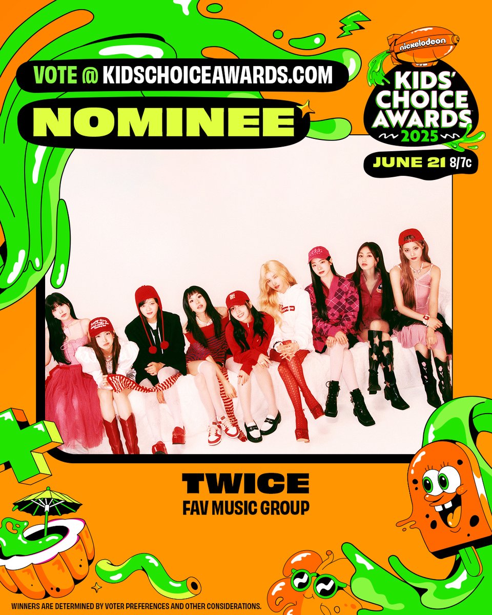 TWICE has been nominated for a 2025 Nickelodeon Kids' Choice Award for Favorite Music Group 🎉

🍭 kidschoiceawards.com

#TWICE #트와이스 <a href="/Nickelodeon/">Nickelodeon</a> #KCA
