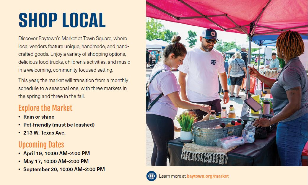 Baytown’s Market at Town Square is where creativity meets community! 🛍️ The final spring Market is this Saturday, May 17, and includes a Community Yard Sale!

Read more in the Baytown Voice: baytown.org/voice
Market info: baytown.org/954
#BaytownMarket #BaytownVoice