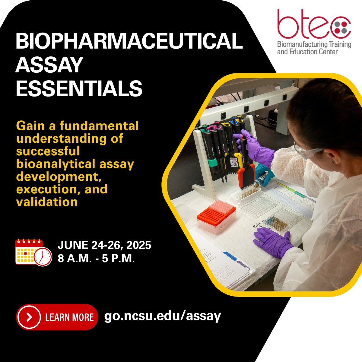 NC State BTEC (@ncstatebtec) on Twitter photo BTEC's Biopharmaceutical Assay Essentials course has open seats!
Participants will learn:
✅Fundamentals of common bioanalytical techniques
✅How to perform specific practical assays
✅Bioanalytical method development & validation principles
➡️Learn more: ncst.at/2fHB50VTjAj BTEC's Biopharmaceutical Assay Essentials course has open seats!
Participants will learn:
✅Fundamentals of common bioanalytical techniques
✅How to perform specific practical assays
✅Bioanalytical method development & validation principles
➡️Learn more: ncst.at/2fHB50VTjAj