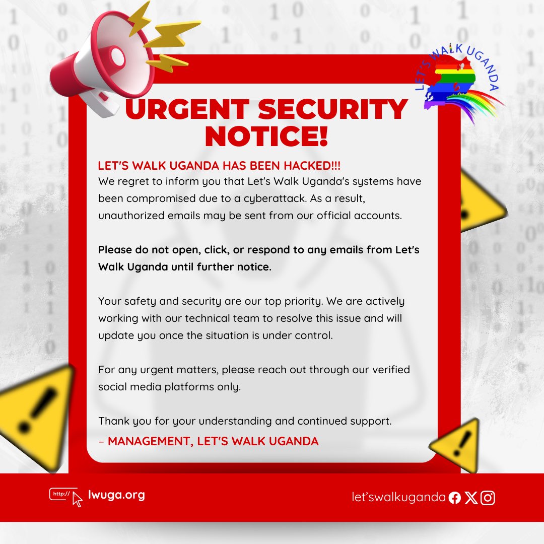 URGENT: We’ve been hacked!
Please avoid opening or responding to any emails from Let’s Walk Uganda until further notice. We’re working to resolve the issue and will keep you updated. Stay safe and alert.