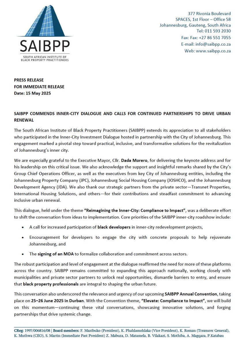 saibpp's tweet photo. PRESS RELEASE | 15 MAY 2025

The South African Institute of Black Property Practitioners (SAIBPP) extends its appreciation to all stakeholders who participated in the Inner-City Investment Dialogue hosted yesterday in partnership with the City of Johannesburg. https://t.co/fucTo7tXLL