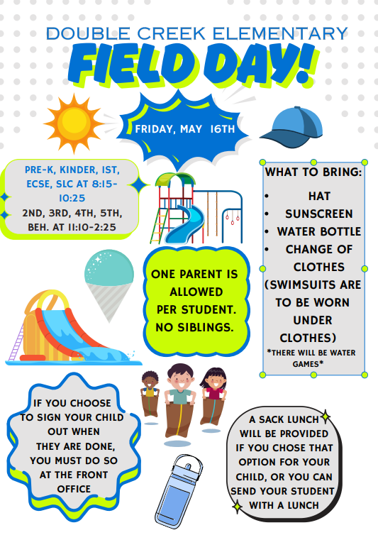 DCESCougs's tweet photo. Field Day is tomorrow, May 16th, 2025 at DCES! Don't forget to bring a hat, sunscreen, water bottle, and a change of clothes. Only one adult is allowed per student. Please do not bring strollers or siblings. Direct any questions to jennifer.stanley@jarrellisd.org. https://t.co/hP0vEhqXju