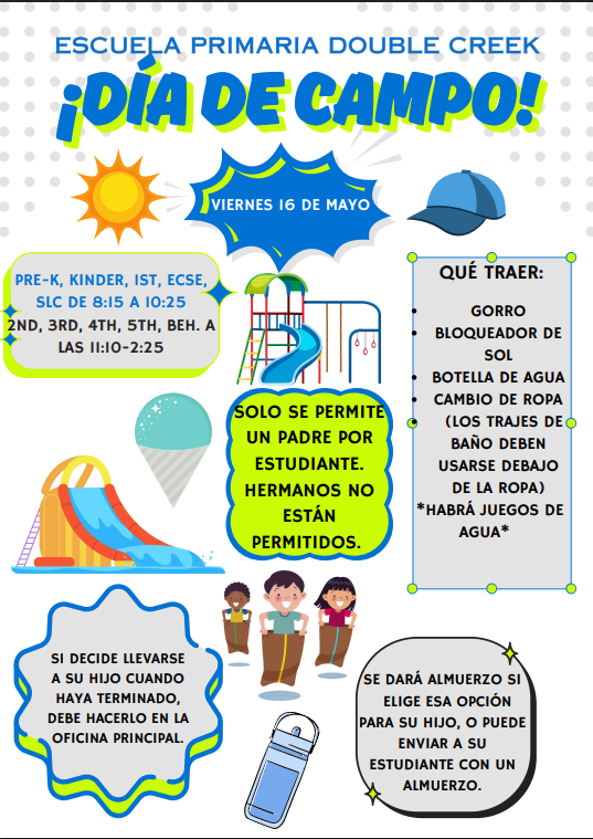 DCESCougs's tweet photo. Field Day is tomorrow, May 16th, 2025 at DCES! Don't forget to bring a hat, sunscreen, water bottle, and a change of clothes. Only one adult is allowed per student. Please do not bring strollers or siblings. Direct any questions to jennifer.stanley@jarrellisd.org. https://t.co/hP0vEhqXju