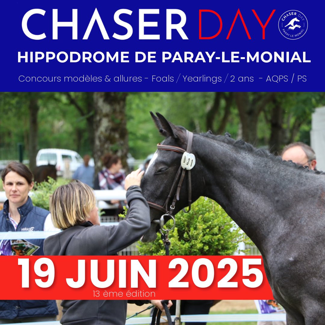 Bienvenue sur la page officielle du 𝐂𝐇𝐀𝐒𝐄𝐑 𝐃𝐀𝐘 𝟐𝟎𝟐𝟓 🔥

📆 Jeudi 19 Juin 2025 | 📍Hippodrome de Paray-le-Monial 

La présentation de la journée et toutes les informations seront bientôt disponibles sur cette page 🔜

#chaserday #saoneetloiregalop #chevaux #foal