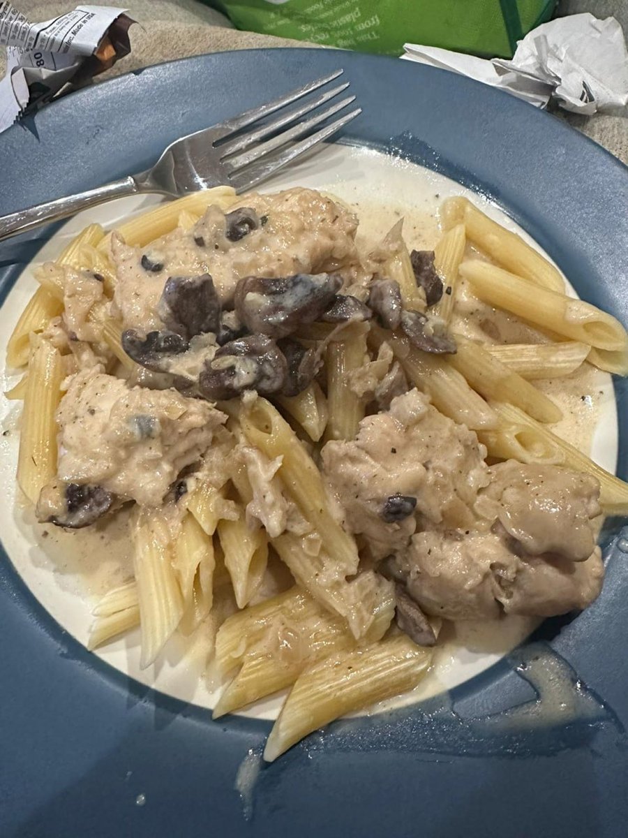 panyuchen3's tweet photo. Creamy mushroom chicken pasta side dish. The pasta was a tube pasta with a creamy sauce, chicken pieces and mushrooms. Very good. https://t.co/qROQfoZm5a