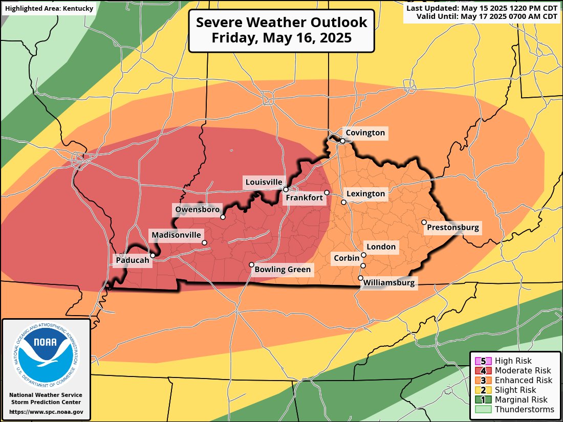 Kentuckyweather's tweet photo. We now have a Moderate Risk for severe storms for much of western and central Kentucky on Friday. Significant wind damage, a few strong tornadoes and large hail are all on the table. Stay alert! #kywx https://t.co/IzhA5kBMyx