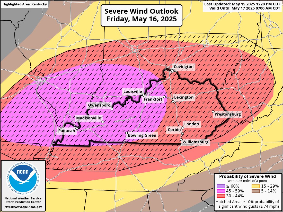 We now have a Moderate Risk for severe storms for much of western and central Kentucky on Friday. Significant wind damage, a few strong tornadoes and large hail are all on the table. Stay alert! #kywx
