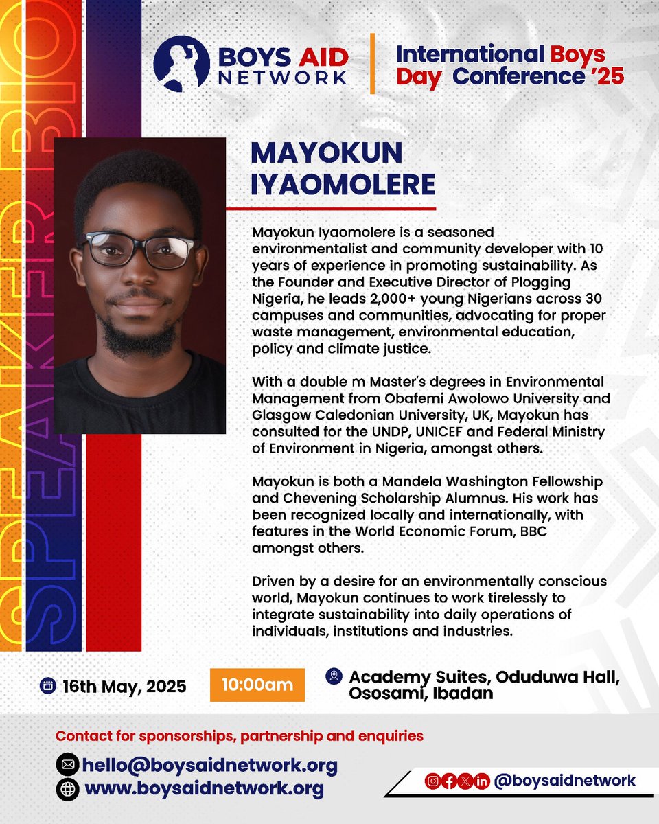 Plogga Mayokun IYAOMOLERE (@mayokun_iyaomo) on Twitter photo Really looking forward to a swell time with the boys for this conference.
Honoured to be invited to speak alongside these amazing line-up.
Let's do this <a href="/boysaidnetwork/">Boys Aid Network</a>! 💪🏿
#InternationalDayOfTheBoyChild Really looking forward to a swell time with the boys for this conference.
Honoured to be invited to speak alongside these amazing line-up.
Let's do this <a href="/boysaidnetwork/">Boys Aid Network</a>! 💪🏿
#InternationalDayOfTheBoyChild