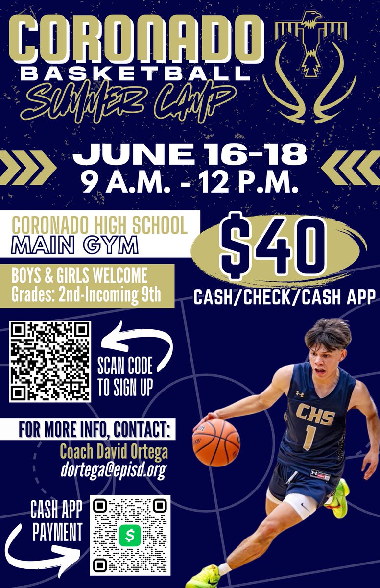 Coronado Basketball (@coronadombb) on Twitter photo T-Bird Basketball camp is here. Boys and girls are welcome. Sign up in the link below and pay via CashApp: $WSTBIRDS
<a href="/Fchavezeptimes/">Felix Chavez</a> <a href="/CoachMichaelPry/">Michael Pry, M. Ed</a> <a href="/reynahustles/">Dr. Angela Reyna</a> <a href="/Prep1USA/">PREP1</a> <a href="/EPSports915/">Borderland Sports</a> <a href="/915Romano/">Lou Romano</a> <a href="/FieldhouseSpor1/">Fieldhouse Sports & Entertainment Network</a> <a href="/EPISDathletics/">EPISD ATHLETICS</a>
docs.google.com/forms/d/e/1FAIโฆ T-Bird Basketball camp is here. Boys and girls are welcome. Sign up in the link below and pay via CashApp: $WSTBIRDS
<a href="/Fchavezeptimes/">Felix Chavez</a> <a href="/CoachMichaelPry/">Michael Pry, M. Ed</a> <a href="/reynahustles/">Dr. Angela Reyna</a> <a href="/Prep1USA/">PREP1</a> <a href="/EPSports915/">Borderland Sports</a> <a href="/915Romano/">Lou Romano</a> <a href="/FieldhouseSpor1/">Fieldhouse Sports & Entertainment Network</a> <a href="/EPISDathletics/">EPISD ATHLETICS</a>
docs.google.com/forms/d/e/1FAIโฆ