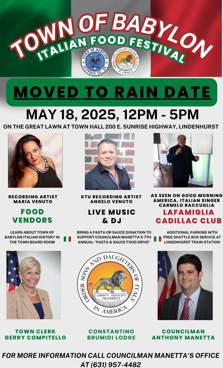 MOVED TO RAIN DATE: With rain on tap Saturday and sunny skies expected Sunday, we are moving the Italian Food Festival to Sunday. We hope to see you there!