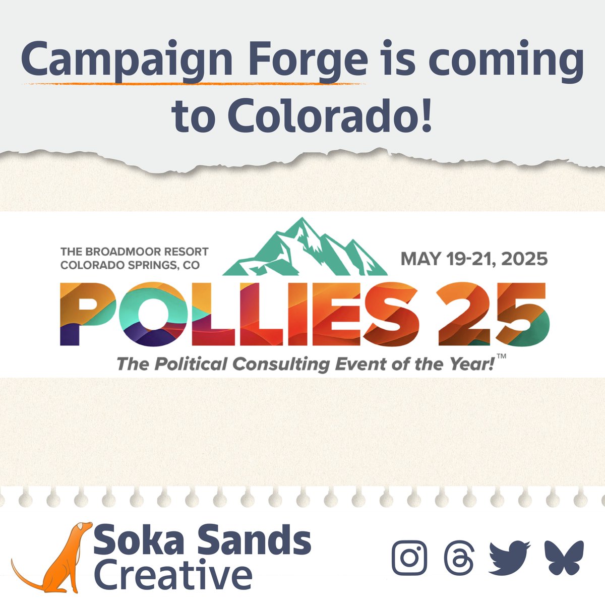 SokaSands's tweet image. It's official--we're going to the @TheAAPC Pollies in Colorado! We have the freebie stickers to prove it.
Come say hi at our booth and check out our new digital platform, Campaign Forge 🔥
Learn more and schedule a demo by visiting sokasandscreative.com/campaignforge
