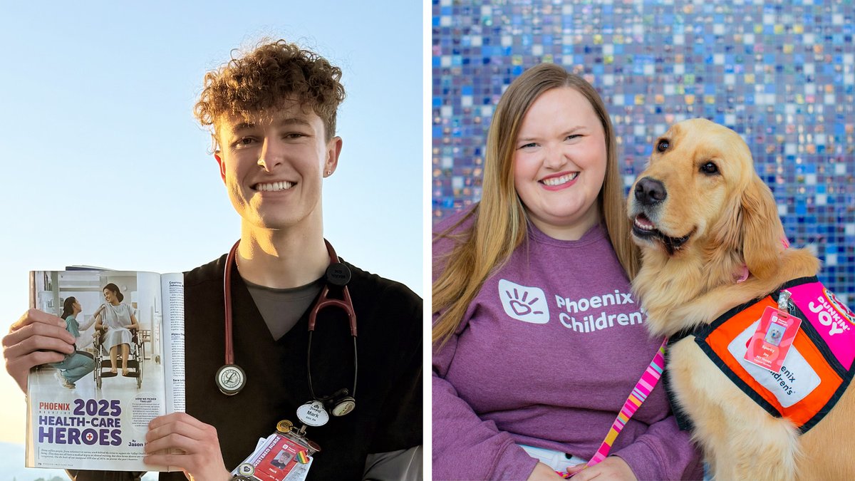 Phoenix Children's (@phxchildrens) on Twitter photo Shoutout to Phoenix Children’s pediatric trauma nurse ✨Mark Hartsuck✨ (left) and child life specialist ✨Breanna Tabor✨ (right with her teammate, Sparky Joy) for being named 2025 #HealthcareHeroes by <a href="/phoenixmagazine/">PHOENIX magazine</a>!
Read more » bit.ly/4mrycDg Shoutout to Phoenix Children’s pediatric trauma nurse ✨Mark Hartsuck✨ (left) and child life specialist ✨Breanna Tabor✨ (right with her teammate, Sparky Joy) for being named 2025 #HealthcareHeroes by <a href="/phoenixmagazine/">PHOENIX magazine</a>!
Read more » bit.ly/4mrycDg