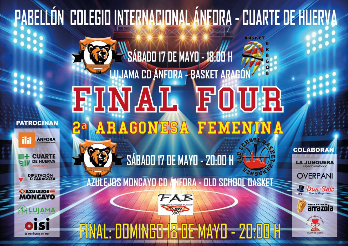 2ª Aragonesa Femenina (Fase Final) El pabellón del colegio Ánfora de Cuarte de Huerva acogerá este próximo fin de semana la apasionante fase final de la 2ª Aragonesa Femenina <a href="/CdAnfora/">C.D. Ánfora</a> <a href="/basket_aragon/">Basket Aragón</a> <a href="/oldSchoolBasket/">Old School Basket</a> fabasket.com