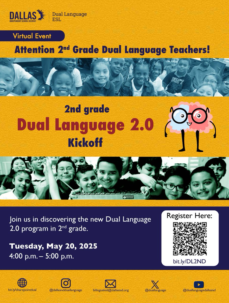 🚨 Hey, 2nd Grade DL Teachers (Bilingual/ESL Partner)
—¡esto es pa' ustedes! (this one’s for y’all!)

📚 Join us for the Dual Language 2.0 Kickoff
📅 Tuesday, May 20, 2025
🕓 4:00–5:00 p.m.
🔗 Register now: bit.ly/DL2ND