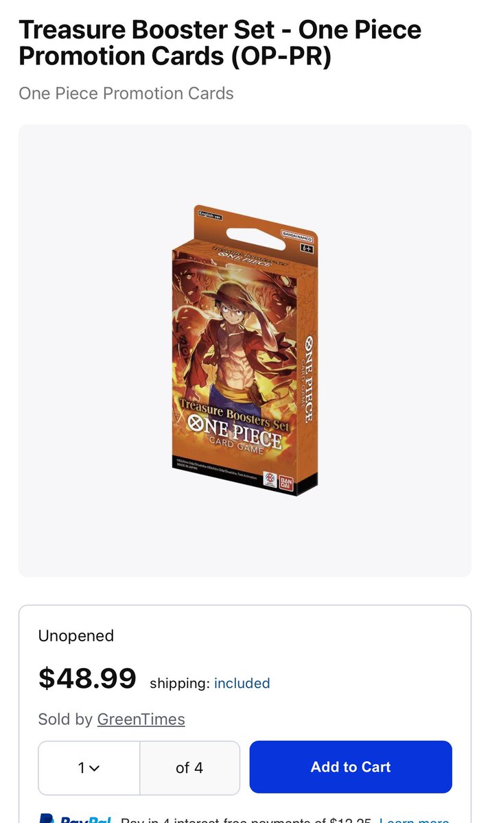 One piece treasure booster Box 

$45 shipped each or $325 for display of 8