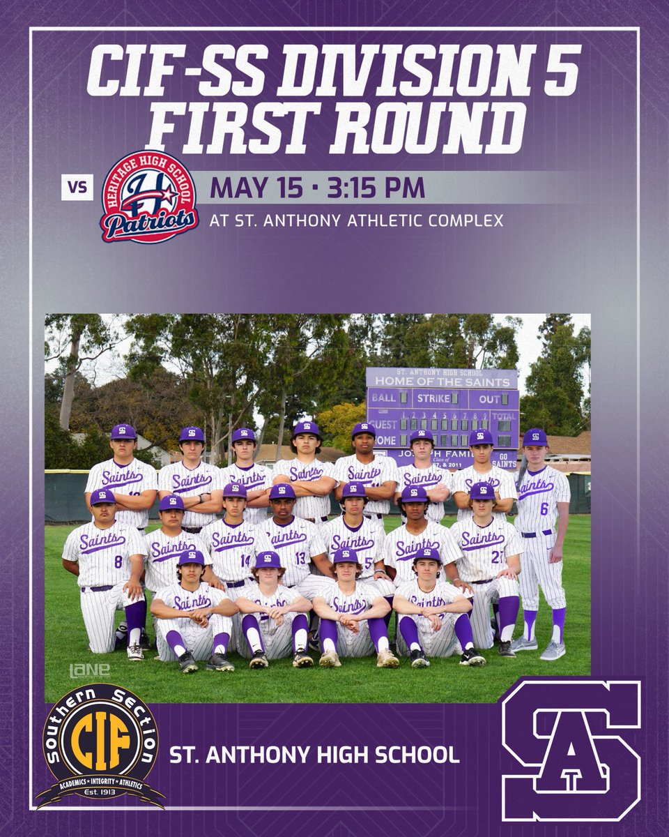 Come out and support the baseball team in their Division 5 first round playoff matchup against Heritage from the #SAHS Athletic Complex this afternoon. First pitch is at 3:15pm! 

#GoSaints
