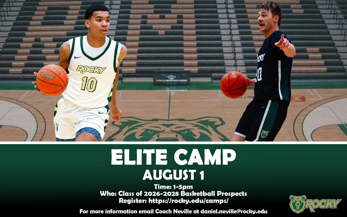 🗣️ Class of 2026-2028! 🗣️
RMC Basketball will be hosting an Elite Camp on August 1! Camp will include guided skill drills, competition w/ talent from the region, evaluations by RMC men’s basketball coaching staff, campus tour, and live 5-on-5 scrimmages. 

rocky.edu/camps/