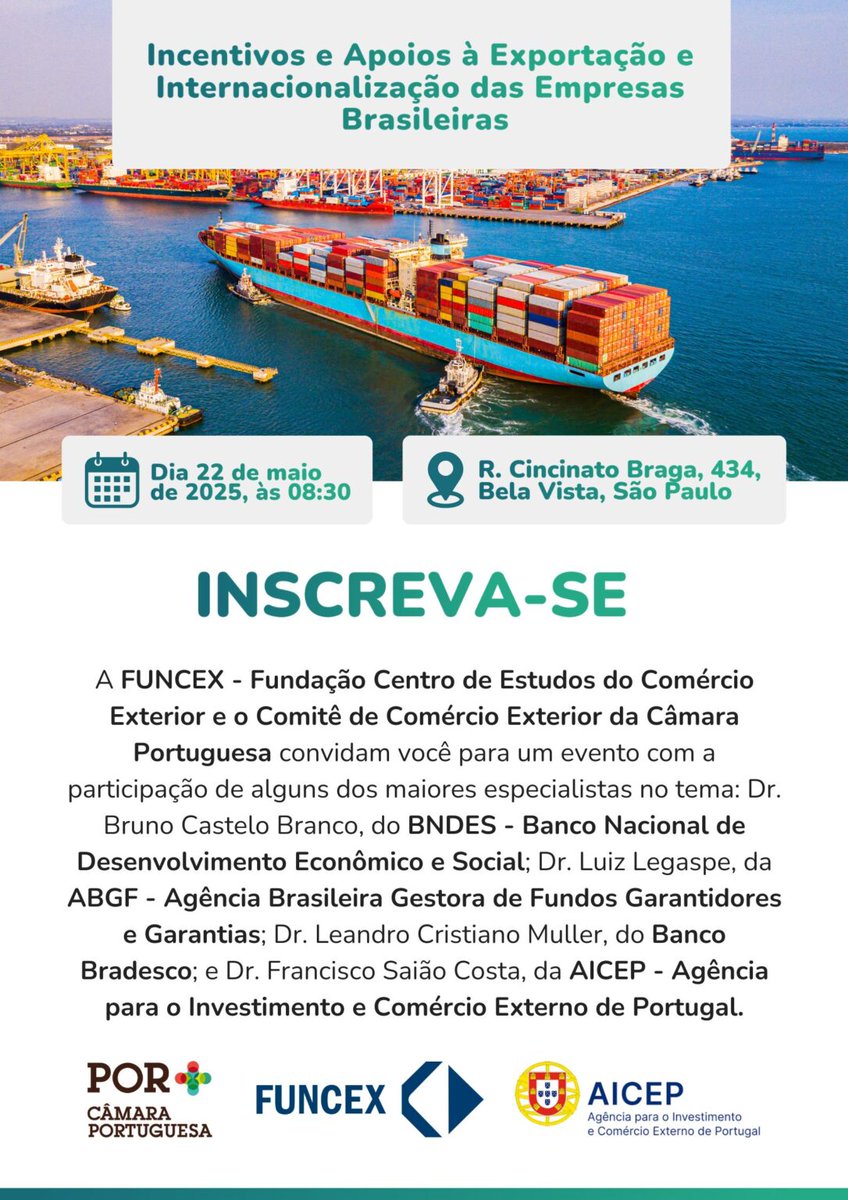 FUNCEX's tweet photo. Encontro: Incentivos e Apoios à Exportação e Internacionalização das Empresas Brasileiras

Agenda: 22 de maio de 2025
Horário: 08:30h.
Local: Rua Cincinato Braga, 434, Bela Vista, São Paulo

Informações e inscrições: https://t.co/Y6ETTIu9Y4 https://t.co/dFF0soDigm