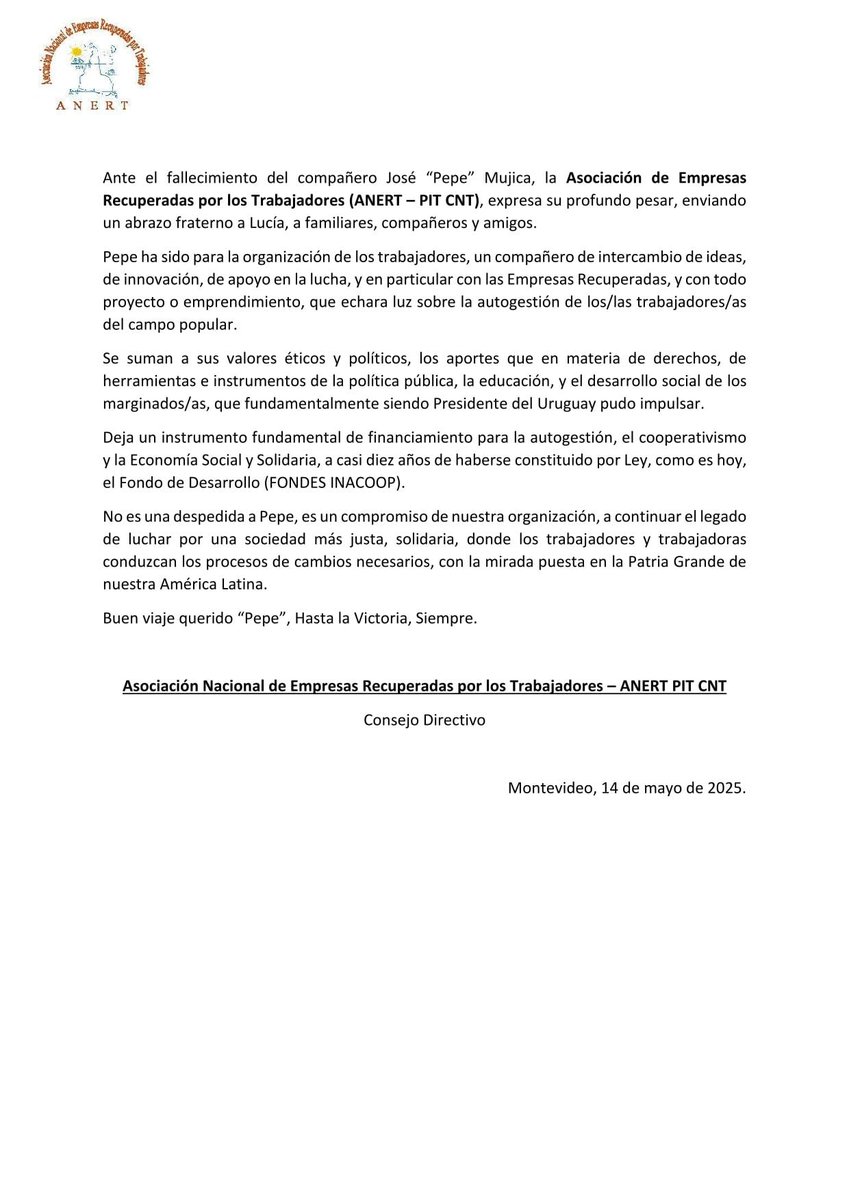 El recuerdo de la Asociación de Empresas Recuperadas por los Trabajadores  (PIT - CNT), de Uruguay, sobre Pepe Mujica.