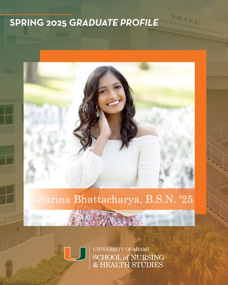 #NursesMonth Spotlight 🎓 #CaneGrad Sarina Bhattacharya, BSN '25, a #SONHS 2025 Excellence in Leadership Award winner, credits #UMiami with setting her up for success. 🧡🙌💚 Learn how this stellar gymnast-turned-nurse plans to keep excelling ➡️ ➡️ ➡️ news.miami.edu/sonhs/stories/…