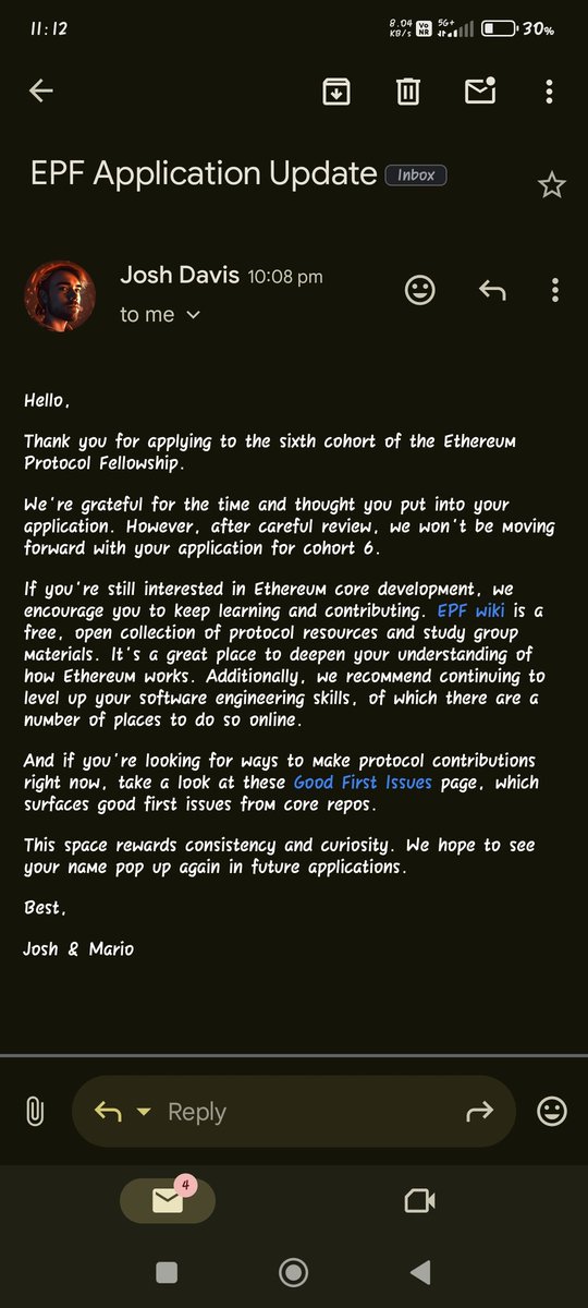 Got rejected twice for the cohort 5 and 6 need a stronger career comeback.

Got to grind more this time stronger than ever.

<a href="/ethereumfndn/">Ethereum Foundation</a> <a href="/joshdavislight/">joshdavis.eth 🐙</a>  always love the way you wrote the email feels so personalized tbh 
Nevertheless it's permissionless again
