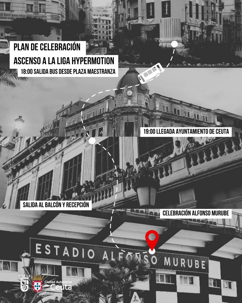 ADCeuta_FC's tweet photo. ❤️‍🔥 ¿Celebramos todos juntos?

Este domingo tenemos un PLANAZO 🔥

➡️ 18:00 Salida del bus desde Plaza Maestranza.
➡️ 19:00 Llegada al Ayuntamiento de Ceuta, salida al balcón y recepción del equipo, Cuerpo Técnico y Directiva que se podrá seguir desde las pantallas que se instalarán en Plaza África. 
➡️ A la finalización, ruta hacia el Estadio Alfonso Murube. 
➡️ ¡¡¡Llegada del equipo, actuaciones, presentaciones de los jugadores y mucha diversión!!! 🎤🎉🕺

🎟️ Los abonados podrán acceder con su abono. Aquellos que no disponen de abono, podrán adquirir una localidad (de manera gratuita) a través de nuestra web desde mañana a las 10:00:

🔗 https://t.co/GHs2MdFSqK

ℹ️ Toda la info aquí 👉 https://t.co/sk23SmJvY9 

#SiempreADCeutaFC ⚪️⚫️