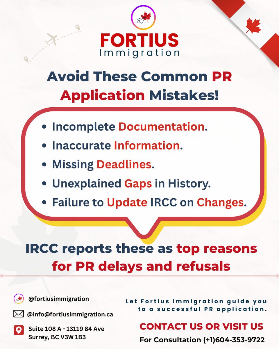 Fortiusimmi's tweet photo. Navigating Your PR Journey in Canada? Here's What You Need to Know!

 +1 (604) 353-9722

#CanadaPR #PermanentResidencyCanada #IRCCUpdates #PRApplicationTips #FortiusImmigration #ImmigrationCanada #ExpressEntry2025 #CanadianExperienceClass #PNP2025 #ImmigrationConsultantCanada https://t.co/UmFZEfYFwQ