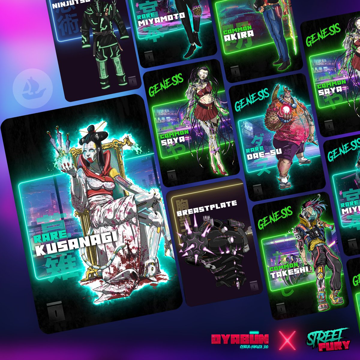 2/6
🔥 NFTs: The Heart of the Gameplay
⭐ One-of-a-Kind cyber yakuza NFTs

In OYABUN, NFTs are more than just collectibles — they’re key to the game experience!

Every cyber yakuza, item, tattoo, and avatar is a unique digital asset on the Polygon blockchain.

Players can recruit