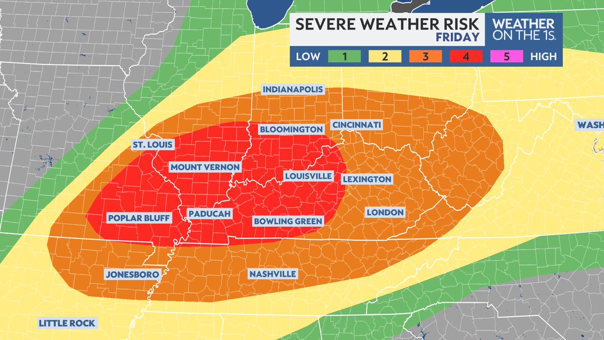 Level 4/5 risk for severe storms in the Ohio and mid MS River Valley on Friday. Strong straight-line winds, very large hail and tornadoes are all anticipated.