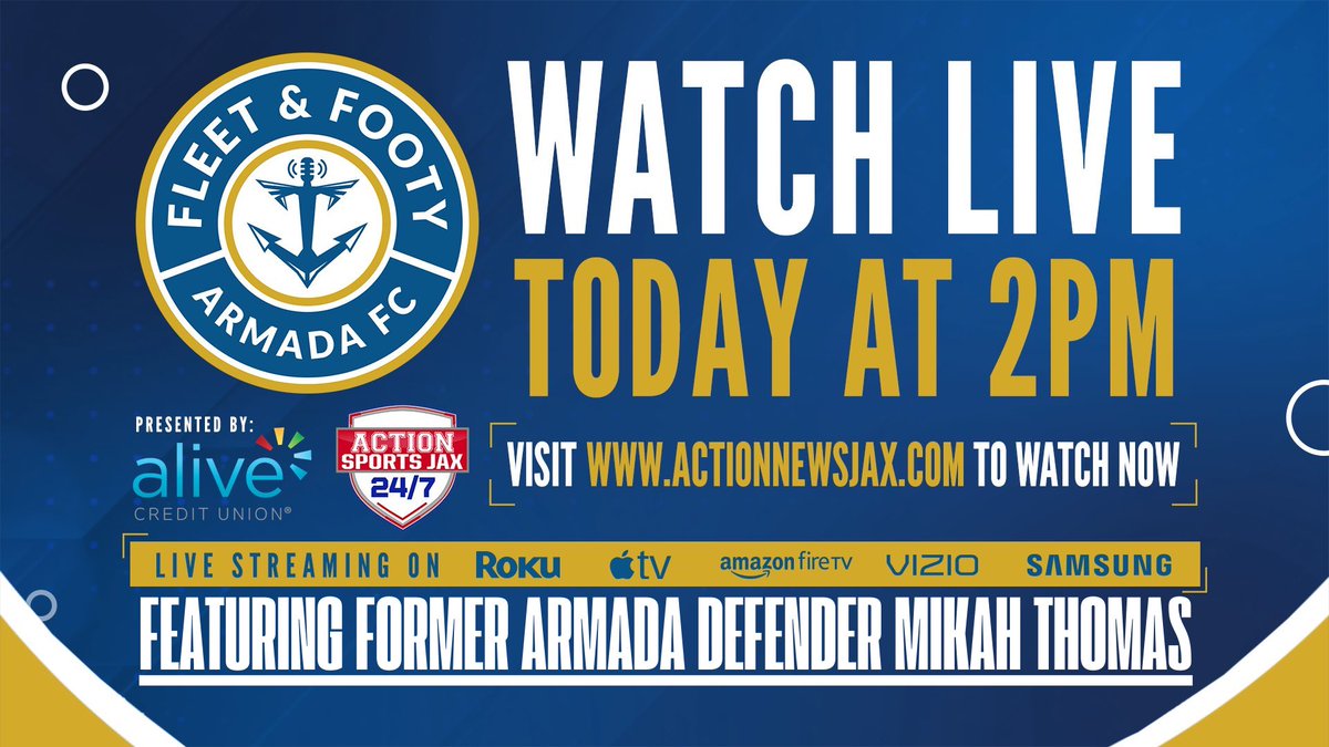 Jacksonville Armada FC (@jaxarmadafc) on Twitter photo Armada Women’s Midfielder Liz Anne Fogarty joins the show to break down the <a href="/WPSL/">Women’s Premier Soccer League</a> roster and Mikah Thomas discusses his <a href="/MLSNEXTPRO/">MLS NEXT Pro</a> career:
💻: actionsportsjax.com
📱: <a href="/ActionNewsJax/">ActionNewsJax</a> app
📺: ANJax Now on smart TVs
🖥️: <a href="/ActionSportsJax/">BrentDanStuartMarcelAlivia</a> YouTube/X/FB/Twitch Armada Women’s Midfielder Liz Anne Fogarty joins the show to break down the <a href="/WPSL/">Women’s Premier Soccer League</a> roster and Mikah Thomas discusses his <a href="/MLSNEXTPRO/">MLS NEXT Pro</a> career:
💻: actionsportsjax.com
📱: <a href="/ActionNewsJax/">ActionNewsJax</a> app
📺: ANJax Now on smart TVs
🖥️: <a href="/ActionSportsJax/">BrentDanStuartMarcelAlivia</a> YouTube/X/FB/Twitch
