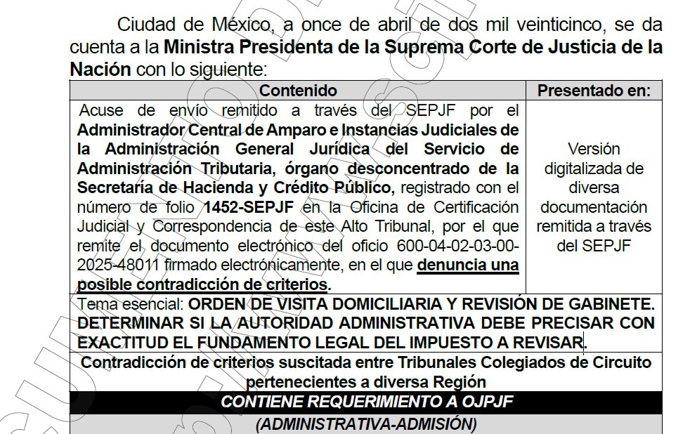 GilLuisJ92's tweet photo. ¿El fin del argumento consistente en que la autoridad fiscal al momento de emitir una orden de visita domiciliaria o revisión de gabinete tiene que precisar con exactitud el fundamento legal del impuesto a revisar?

La @SCJN decidió avocarse al análisis de la CC 92/2025, donde el tema a resolver será: