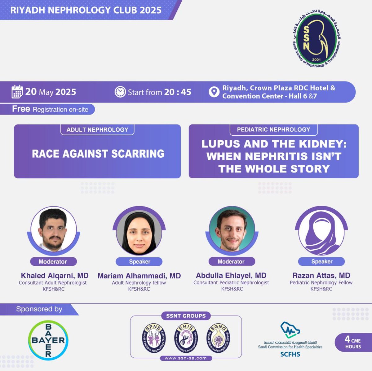 Saudi Society of Nephrology and Transplantation (@saudi_ssn) on Twitter photo Join our Riyadh Nephrology Club Seminar on Tuesday, 20/5/2025, starting from 8:45 PM at Crown Plaza RDC Hotel, Riyadh.
Registration is FREE on-site…!
4 CME HOURS.
<a href="/_KSU/">جامعة الملك سعود</a>
<a href="/ksmcmedia/">مدينة الملك سعود الطبية</a>
<a href="/aoss1317/">إدارة الجمعيات العلمية</a> Join our Riyadh Nephrology Club Seminar on Tuesday, 20/5/2025, starting from 8:45 PM at Crown Plaza RDC Hotel, Riyadh.
Registration is FREE on-site…!
4 CME HOURS.
<a href="/_KSU/">جامعة الملك سعود</a>
<a href="/ksmcmedia/">مدينة الملك سعود الطبية</a>
<a href="/aoss1317/">إدارة الجمعيات العلمية</a>