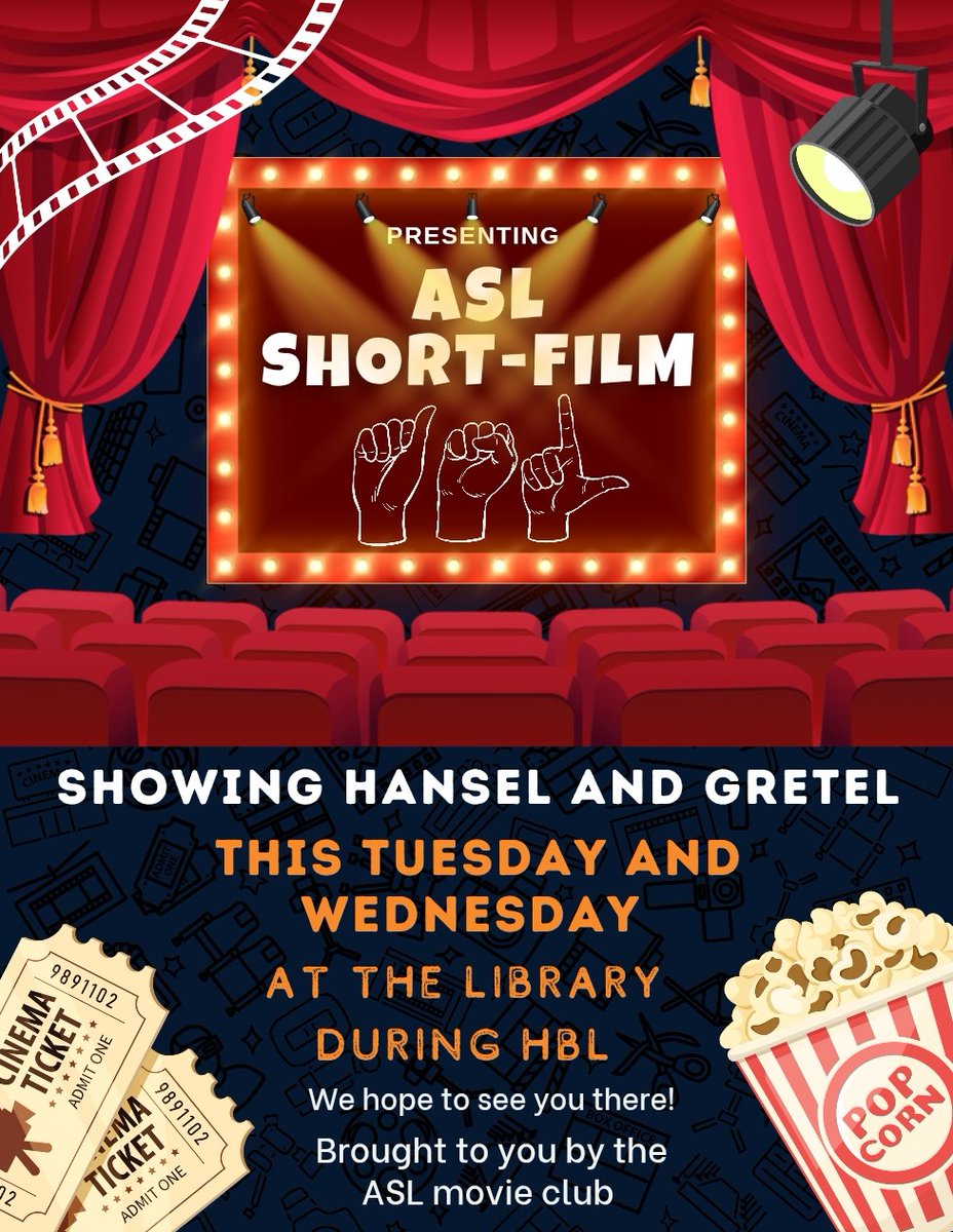 CHS9LIB's tweet image. This week, the CHS9 Library hosted the first ever screenings of Hansel and Gretel, a short film created by the ASL Movie Club. 
Fun fact, none of the actors in the film are taking ASL in class! 
Thanks to the ASL Movie Club and sponsor Mrs. Fitzgerald! 
#CHS9Reads @CISDlib @CHS_9