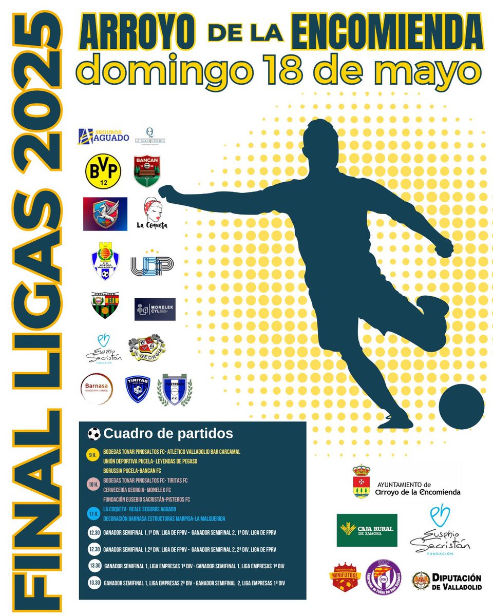 Este domingo 18 de mayo se disputarán las finales de ligas y empresas en los campos de fútbol del Arroyo 🙌🏼

¡Los primeros partidos comenzarán a las 9:00 y sobre las 14:00 conoceremos los campeones de la temporada 2024/2025!❤️‍🔥

<a href="/fdprvalladolid/">Federación de Peñas del Real Valladolid</a> @aytoarroyo 🤝🏼