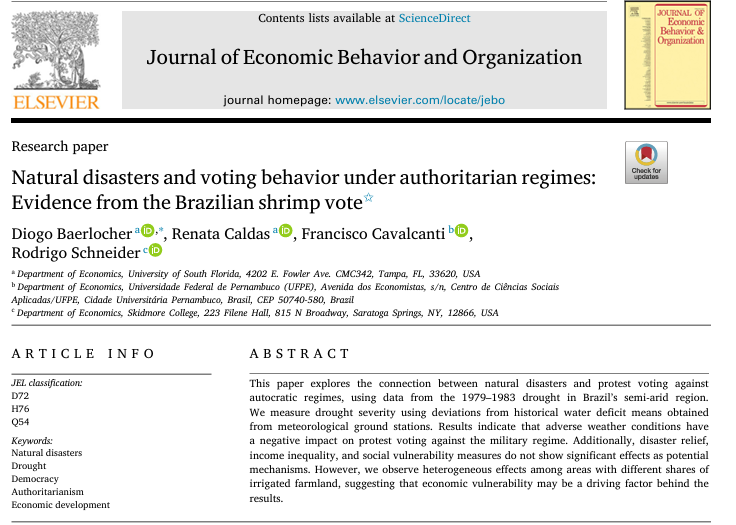 USFECON (@usfecon) on Twitter photo Check out the latest publication by Prof
<a href="/diogobaerlocher/">Diogo Baerlocher</a> , Prof <a href="/RenataMCaldas_/">Renata Caldas</a> and their coauthors about natural disasters and voting behavior sciencedirect.com/science/articl…
#econtwitter #drought #democracy #development Check out the latest publication by Prof
<a href="/diogobaerlocher/">Diogo Baerlocher</a> , Prof <a href="/RenataMCaldas_/">Renata Caldas</a> and their coauthors about natural disasters and voting behavior sciencedirect.com/science/articl…
#econtwitter #drought #democracy #development