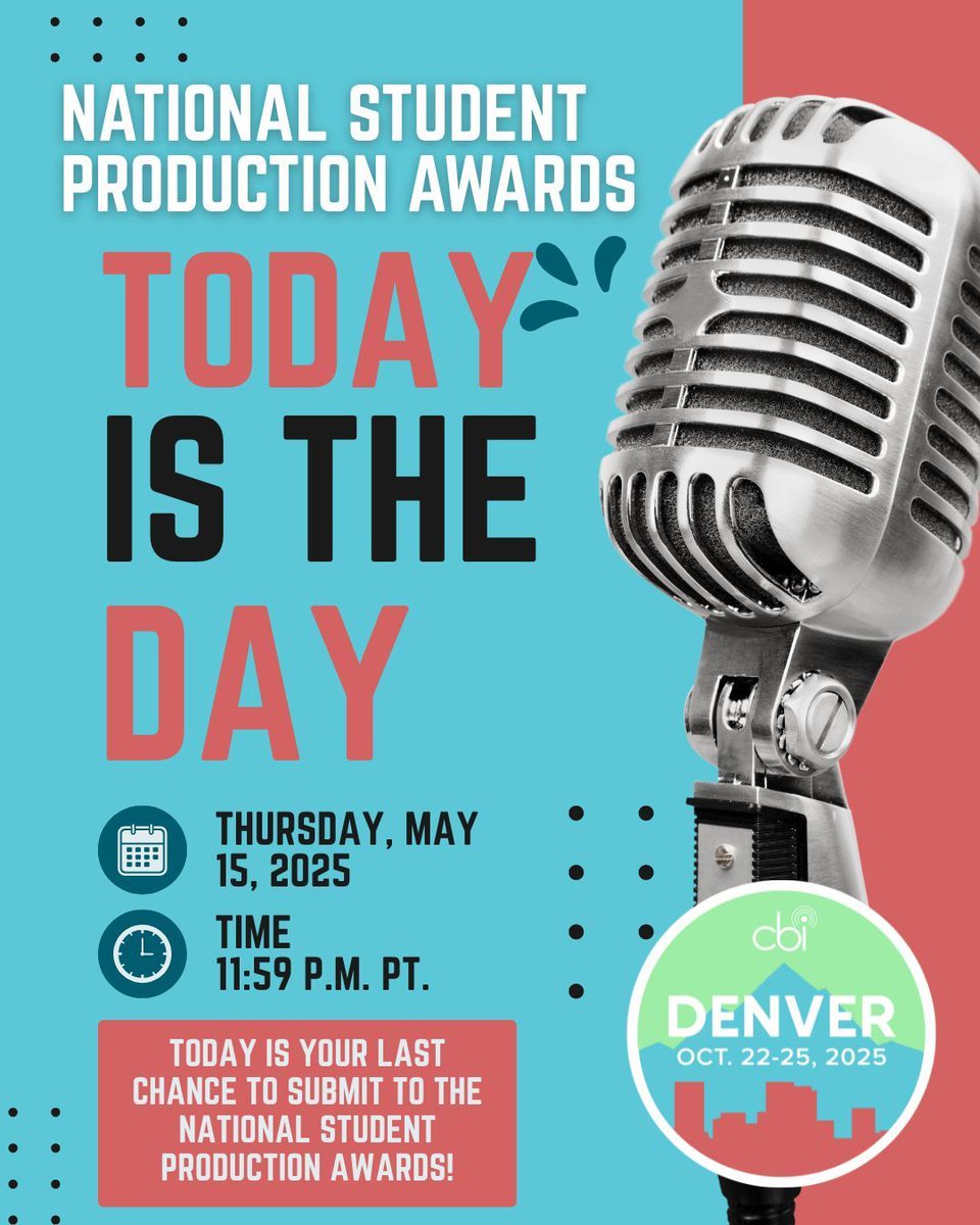 FINAL CALL!
Today is the LAST DAY to submit for:
The National Student Production Awards
The Joel Willer Award
The Dave Black Excellence in Advising Award

Don’t miss your chance to be recognized—submit now!
askcbi.com
#StudentMedia #ProductionAwards #CollegeMedia