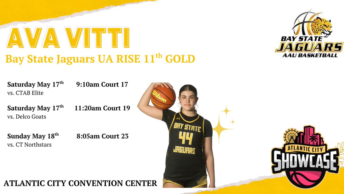 Ava Vitti (@avavitti44_22) on Twitter photo Excited to play with my 🐆<a href="/BayStateJags/">Bay State Jaguars</a> UA Rise Gold this weekend in Atlantic City. <a href="/SelectEventsBB/">Select Events Basketball</a> . Here is my schedule. <a href="/CoachLeslieMN/">Coach Leslie</a> <a href="/CoachSchollNCSA/">Nicole Scholl</a> <a href="/CoachTyMosley/">Coach Tyreik Mosley</a> <a href="/DanB1222/">CoachDan</a> <a href="/UARiseGirls/">UA Rise Girls I Basketball</a> <a href="/LaurieBollin/">LAURIE BOLLIN</a> <a href="/BashHoopsNE/">Bash Hudson</a> Excited to play with my 🐆<a href="/BayStateJags/">Bay State Jaguars</a> UA Rise Gold this weekend in Atlantic City. <a href="/SelectEventsBB/">Select Events Basketball</a> . Here is my schedule. <a href="/CoachLeslieMN/">Coach Leslie</a> <a href="/CoachSchollNCSA/">Nicole Scholl</a> <a href="/CoachTyMosley/">Coach Tyreik Mosley</a> <a href="/DanB1222/">CoachDan</a> <a href="/UARiseGirls/">UA Rise Girls I Basketball</a> <a href="/LaurieBollin/">LAURIE BOLLIN</a> <a href="/BashHoopsNE/">Bash Hudson</a>