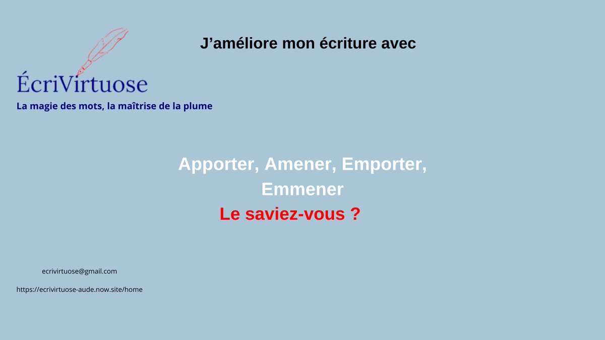 PerrinAude's tweet photo. Bonjour.
Amener, emporter, apporter, emmener ?
Vous hésitez ?
 #Bêtalectrice et #correctricepro, je peux vous aider😊.
 https://t.co/kZXJ9BuLiB
Ou par mail : ecrivirtuose@gmail.com
Au plaisir !
#languefrançaise #linguistique #vocabulaire #expression https://t.co/3owRmbQA8e