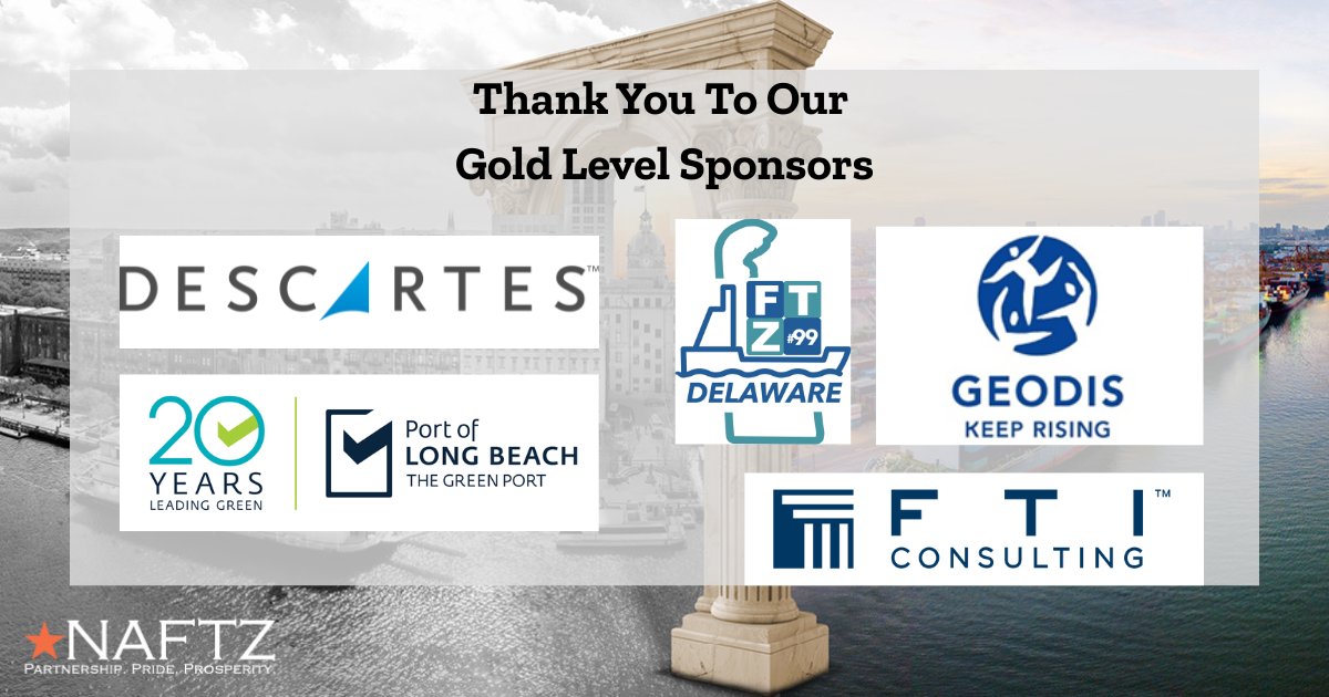 🌟 We’re proud to recognize our Gold Level Sponsors of the NAFTZ Spring Seminar!
Thank you for your generous support and your commitment to strengthening the U.S. FTZ network. Your partnership helps make this event possible and impactful!