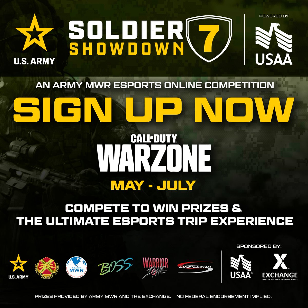 Calling all U.S. Army Active Duty, National Guard, &amp; Reserve Service Members! 🇺🇸

Do you play WARZONE? Drop in for the Soldier Showdown this weekend, &amp; compete for your chance to win prizes &amp; a FREE trip to the finals! 🔥

🗓️ May 17th
SIGN UP BELOW! ⬇️

#TheREGIMENT |