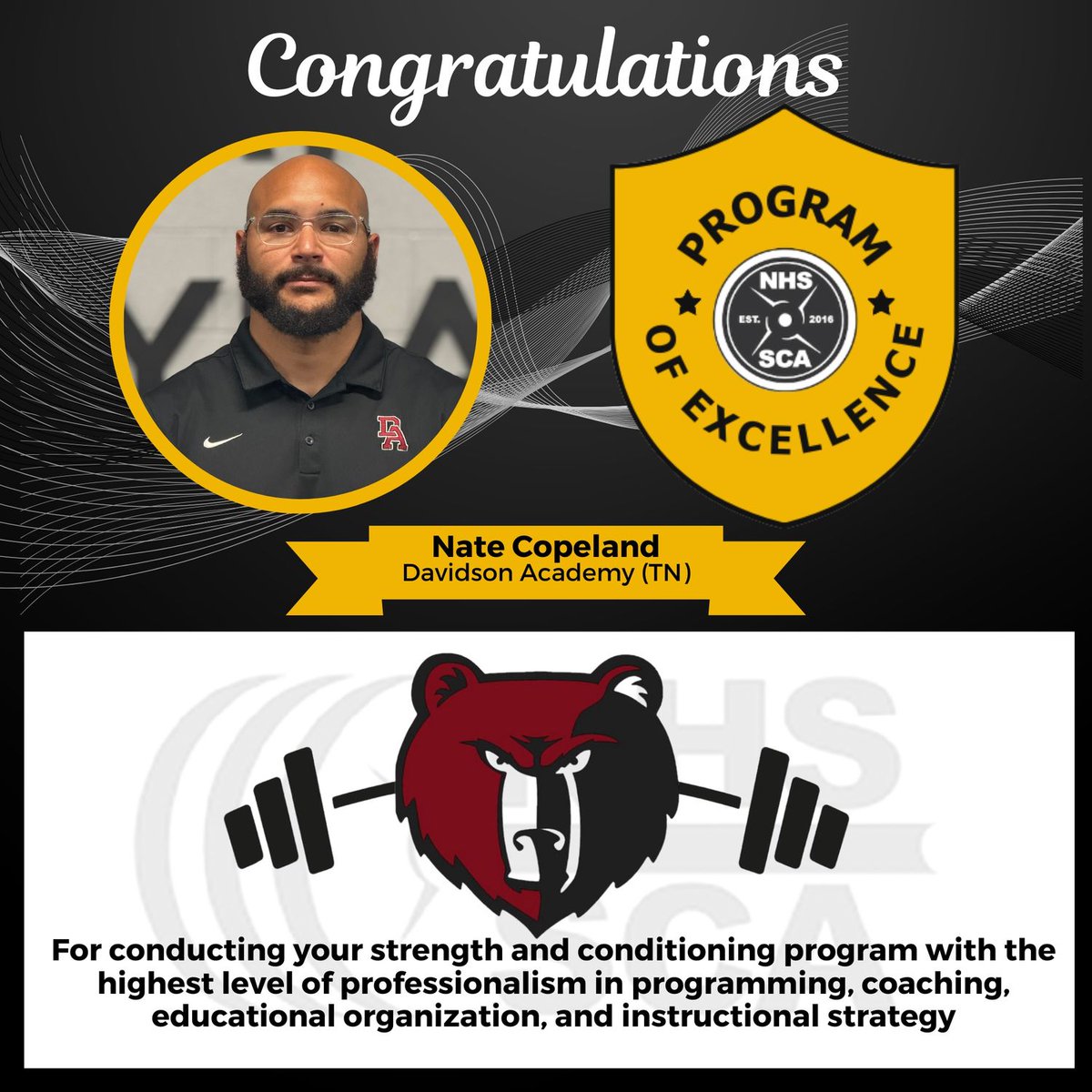 Davidson Academy Football (@bearsdavidson) on Twitter photo Congrats to <a href="/NateCopeland40/">Nate Copeland</a> on this amazing honor from <a href="/NHSSCA/">NHSSCA</a> !
Coach Copeland's dedication & love for strength and conditioning is evident in the way he instructs his students & structures his programs
We're so proud and grateful to have Coach Copeland at <a href="/davidsonacademy/">Davidson Academy</a> Congrats to <a href="/NateCopeland40/">Nate Copeland</a> on this amazing honor from <a href="/NHSSCA/">NHSSCA</a> !
Coach Copeland's dedication & love for strength and conditioning is evident in the way he instructs his students & structures his programs
We're so proud and grateful to have Coach Copeland at <a href="/davidsonacademy/">Davidson Academy</a>